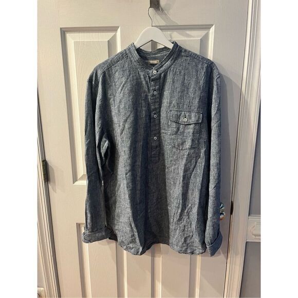 ONS Mens Blue Chambray Linen Blend Half Button Down Shirt XL EUC - Picture 1 of 8